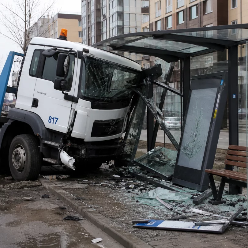 Эвакуатор врезался в автобусную остановку в Астане