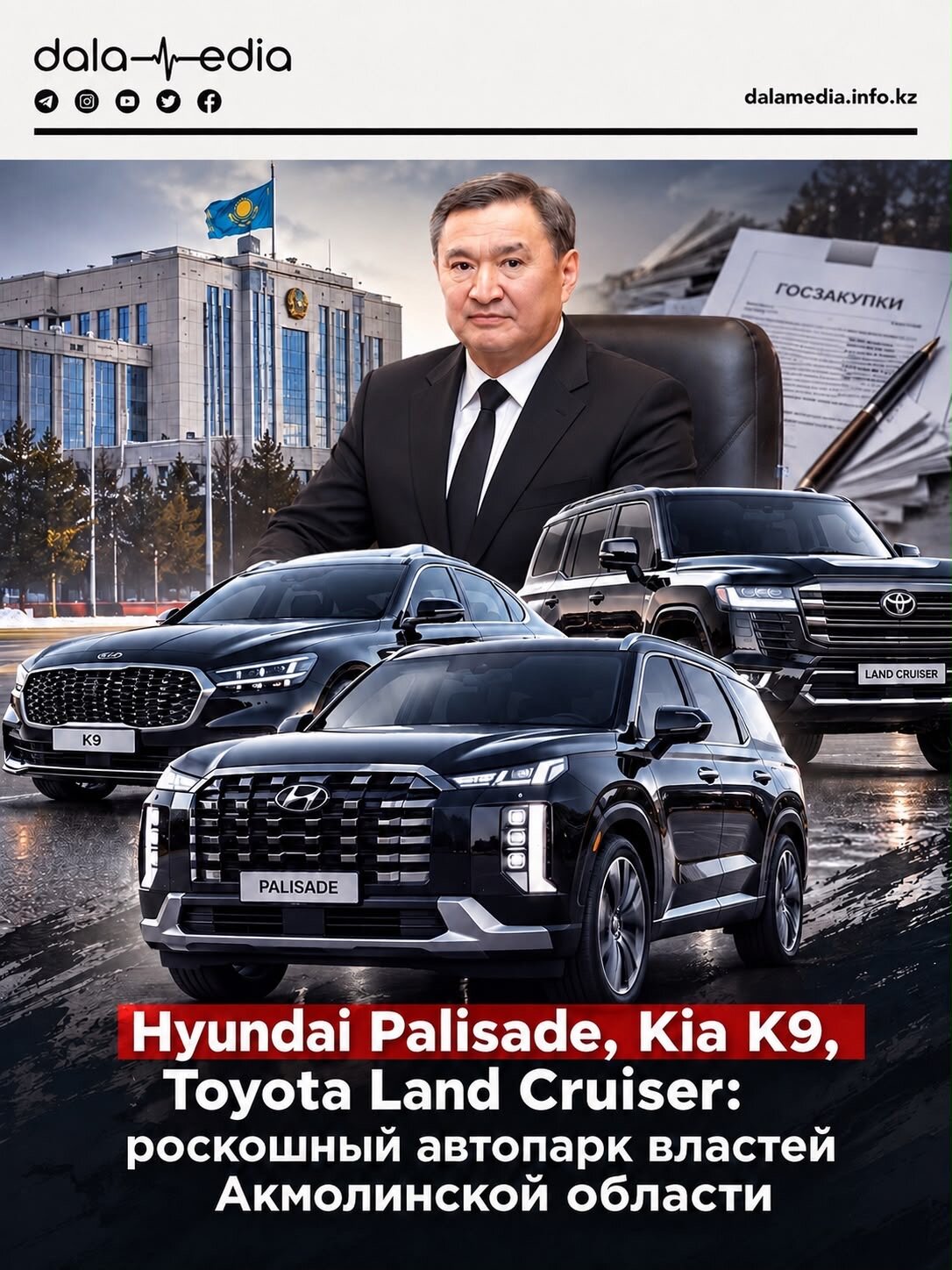 Hyundai Palisade, Kia K9, Toyota Land Cruiser: роскошный автопарк властей Акмолинской области